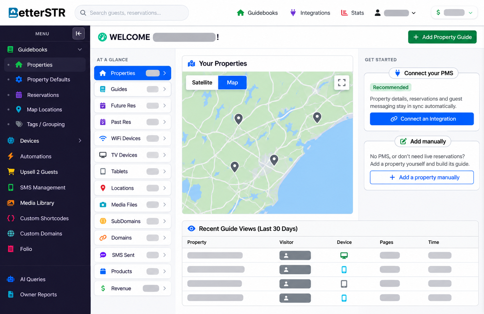 Redacted BetterSTR dashboard showing vacation-rental guidebook and tablet tools